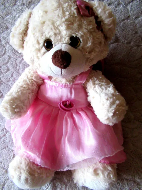 doudou peluche ours  blanc beige robe rose 40cm très bon état CE
