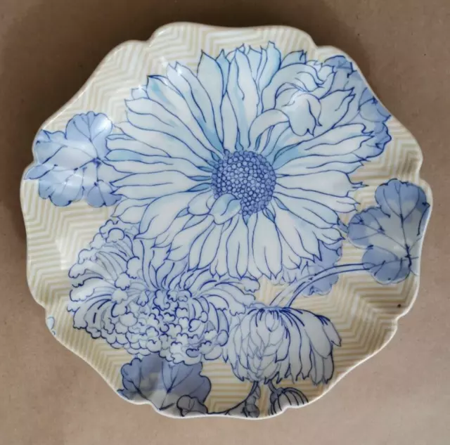 1975 FITZ & FLOYD Blue Yellow Floral Daisy Chrysanthemum Mum Candy Dish Bowl 6"