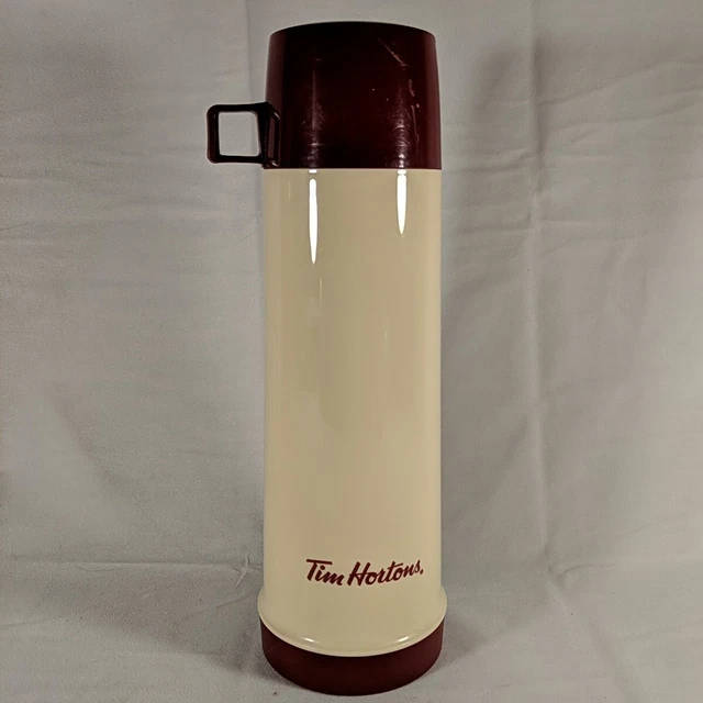 TIM HORTON'S VINTAGE 32 OZ. THERMOS Glass Liner Cream Red Logo 13.5 " Tall 10oz