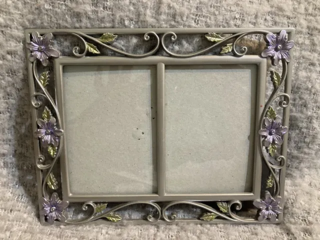 Metal Floral Picture Photo Frame With Purple flowers 5x3.5 Hold 2 Photos