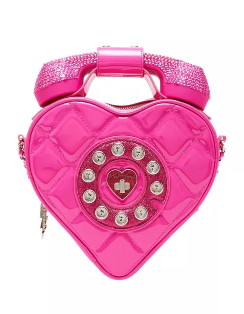 Betsey Johnson Kitsch Tag Hot Pink Quilted Heart Blue Tooth Phone Crossbody Bag