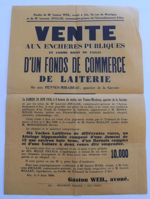 Affiche vente enchère fonds de commerce de laiterie 1936 pennes mirabeau vintage
