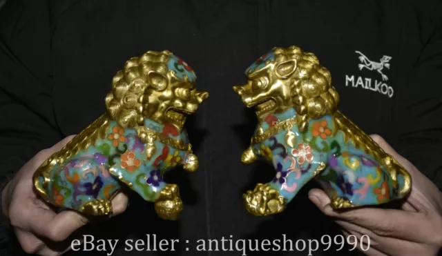 5.2" Marked Chinese Bronze Gilt Cloisonne Wealth Foo Dog Lion Sculpture Pair