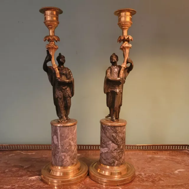Pair Antique French Bronze & Marble Figural Chinoiserie Candlesticks