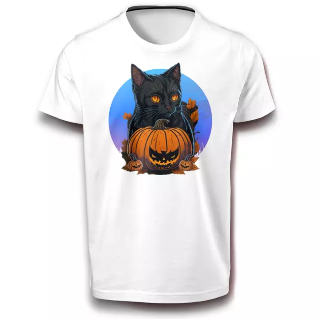 Halloween Schwarze Katze mit 3 Kürbis T-Shirt weiß 122 - 3XL Baumwolle Fun