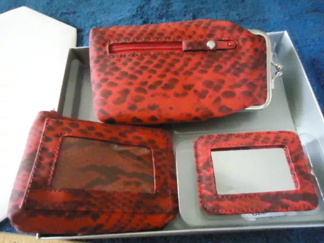 Avon 3-Piece Accessory Kit Red Glasses Case Coin Purse Mirror Faux Snake Print