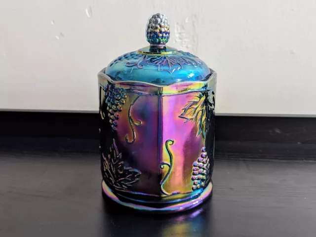 Vintage Indiana Carnival Glass Blue and Purple Harvest Grape Lidded Candy Jar