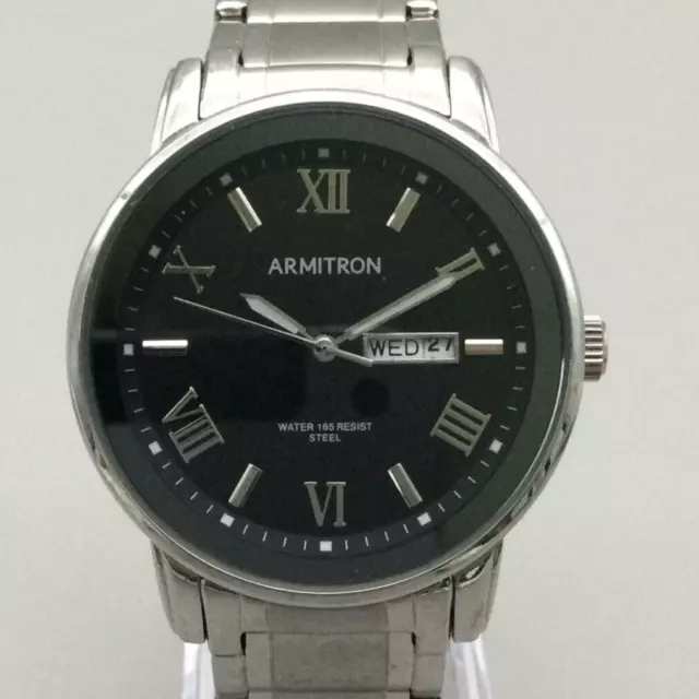 Armitron Watch Men 41mm Silver Tone Day Date Black Dial New Battery 7"