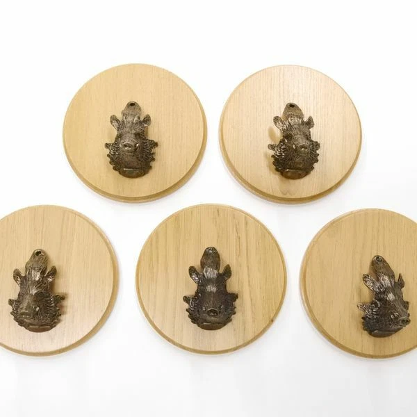 5 Pieza Placa de Jabalí Redondo Roble Claro Af 17cm Con 5 X Cabeza Decoración