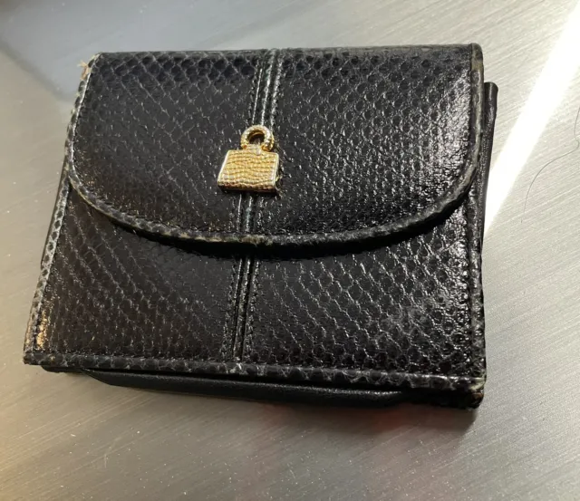 Judith Leiber Black Genuine Leather Faux Snakeskin Embossed Card Case Wallet