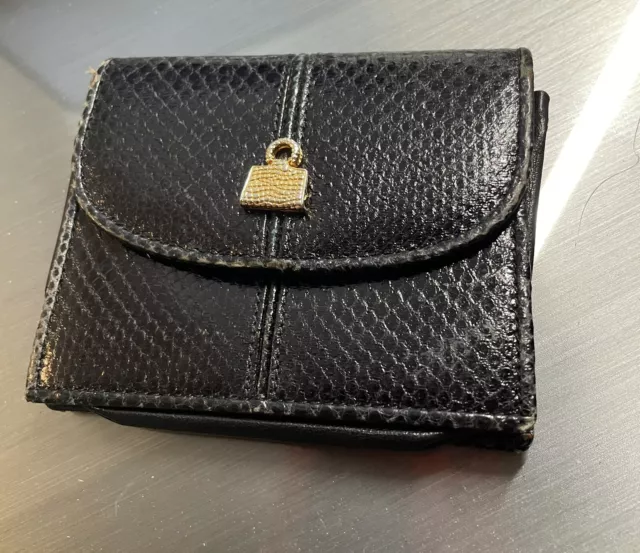 Judith Leiber Black Genuine Leather Faux Snakeskin Embossed Card Case Wallet