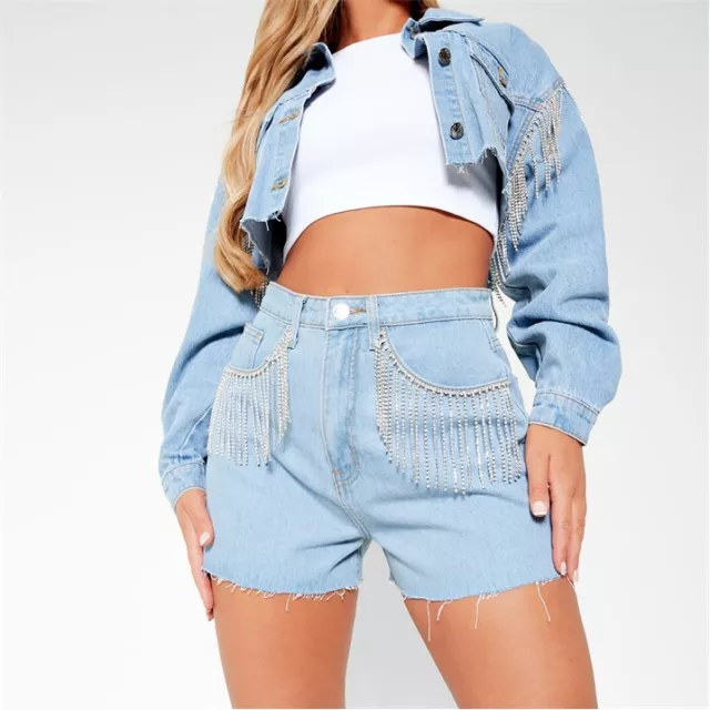 I Saw It First Womens Diamante Tassel Detail Denim Shorts