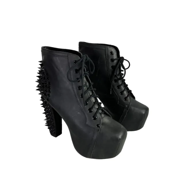 Jeffrey Campbell Womens Lita Spike Lace Up Leather Heeled Boots Size 9M Black