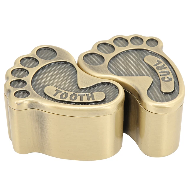 Storage Box Metal Cute Foot‑Shape Baby Tooth Holder With 2 Lids(Green Patina)