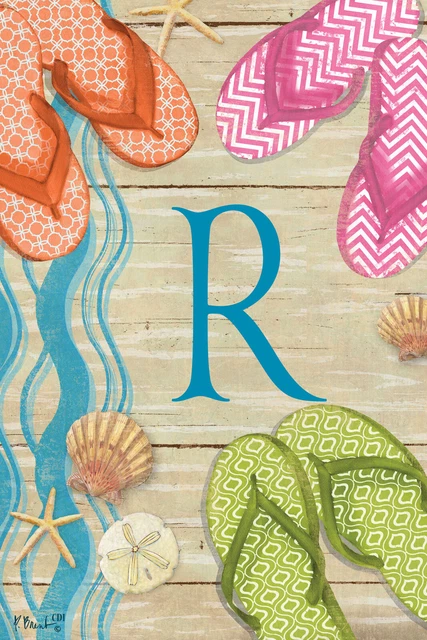 Flip Flops on Boardwalk Monogram R Double Sided 12 X 18 Inch Garden Flag