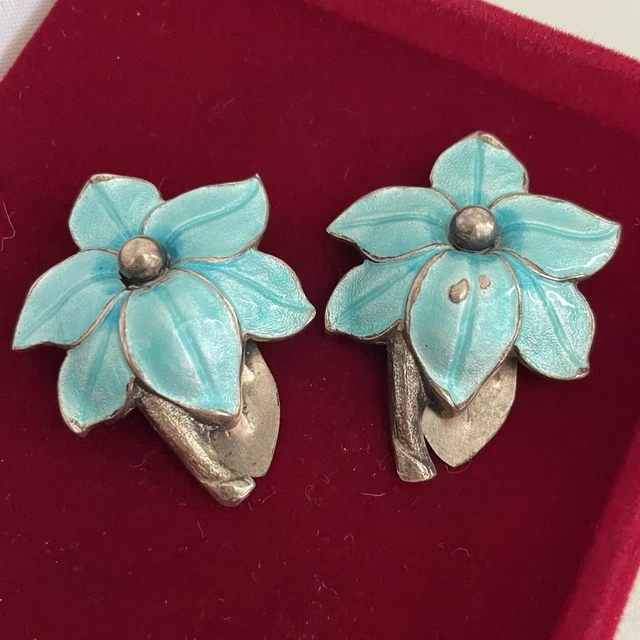 Antique Art Deco Dress Clips Turquoise Enamel Flowers Pair Collar Shoe 20s 30s