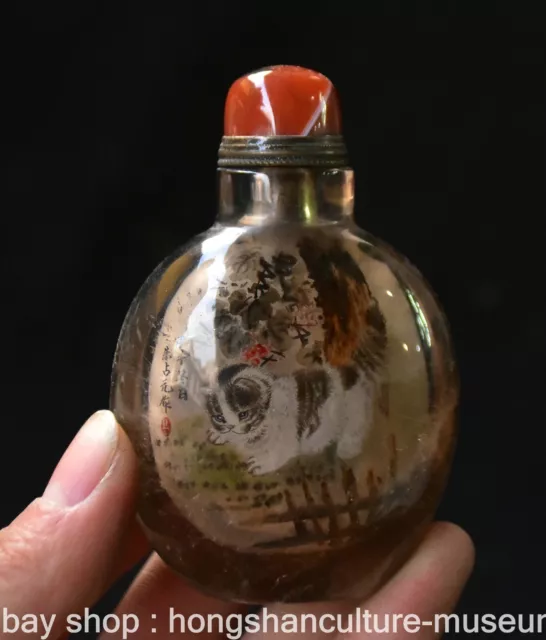 3.2" Old Chinese Crystal Painting Dynasty Cat Snuff box Snuff Bottle