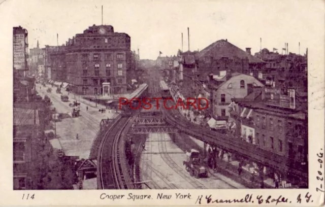 pre-1907 COOPER SQUARE, NEW YORK CITY "el" tracks Horsedrawn wagons 1906