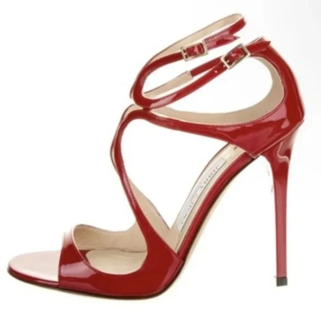 Jimmy Choo Lance Red Patent Sandals High Heels Double Buckle Size 38.5 EU Women