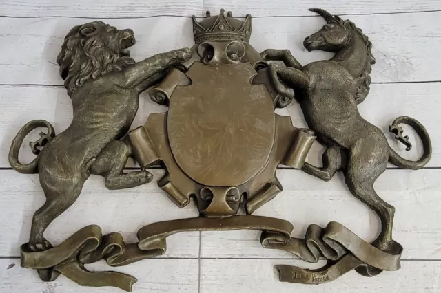 Royal Family Crest Coat of Arms Lion Unicorn Crown Shield Bronze Wall Plaque Art