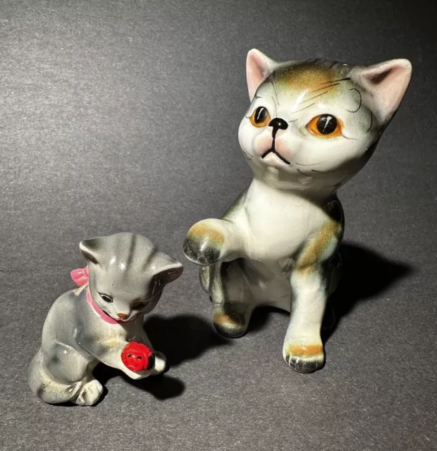 Vintage Two Porcelain Kitty Cats One With Ladybug Pre-owned