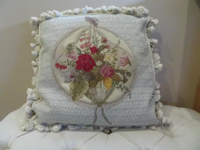 Floral Bouquet Centerpiece Needlepoint Pillow Velvet Back w Fringes  19" x 19"