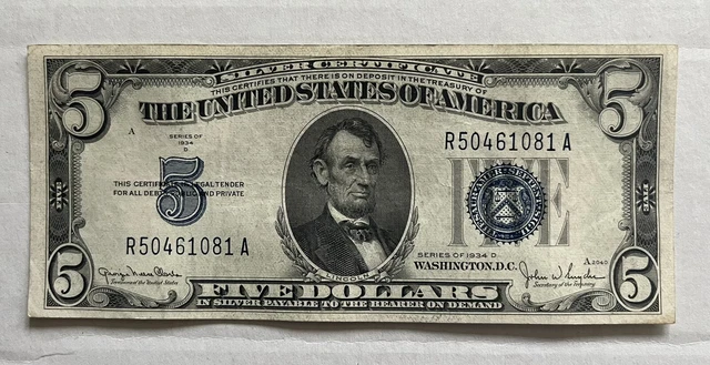 1934 D Five $5 Dollar Blue Seal Note Silver Certificate No Major Creases Crisp