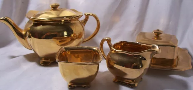 Vintage Royal Winton Grimwades Golden Teapot, Creamer & Sugar Bowl, Butter Dish