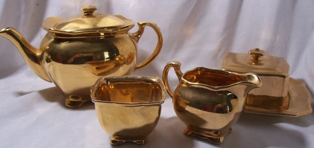Vintage Royal Winton Grimwades Golden Teapot, Creamer & Sugar Bowl, Butter Dish