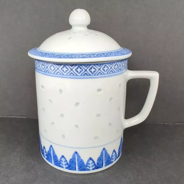 Vintage Chinese Blue & White Porcelain Rice Grain Coffee Mug With Lid Tea Cup