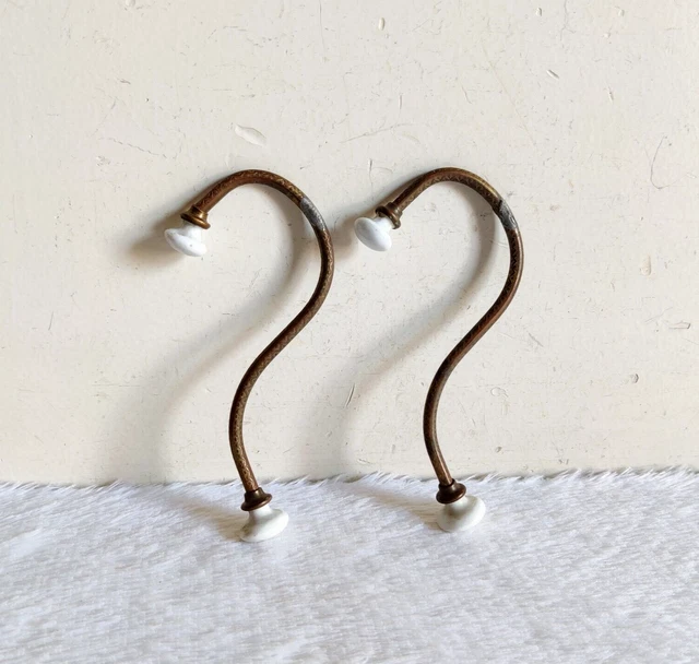 Vintage Original Old Victorian Ceramic Knobs Ornate Brass Wall Hanger Hook M320 2
