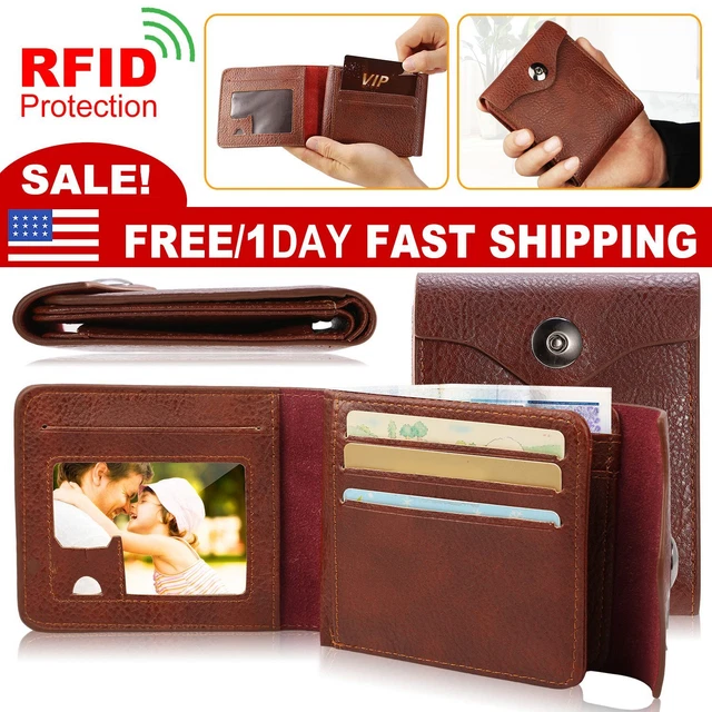 Men RFID Blocking Slim Wallet PU Leather Bifold Purse Card Holder w/ 2 ID Window