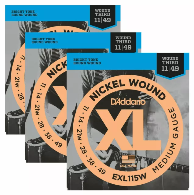 3 x D'Addario EXL115W. Nickel Blues-Jazz Rock Strings, avvolto 3°, calibro 11-49