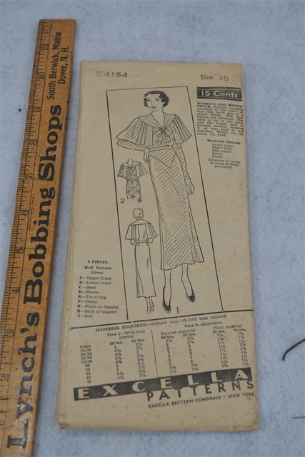 sewing pattern Excella NY 4164 Ladies bia cut cape dress sz 40 antique 1930