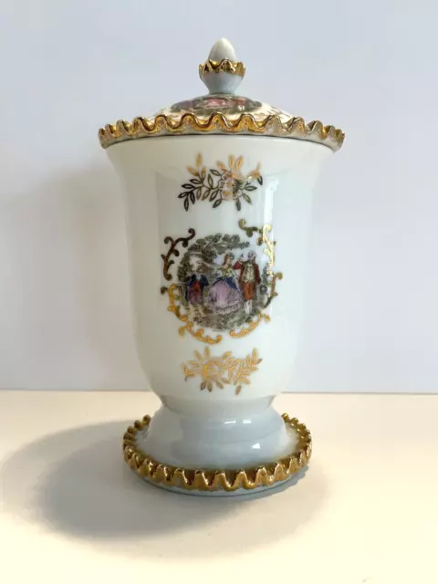 Vintage Lefton Hand Painted Porcelain Lidded Jar Urn Courting Couple Gold Trim