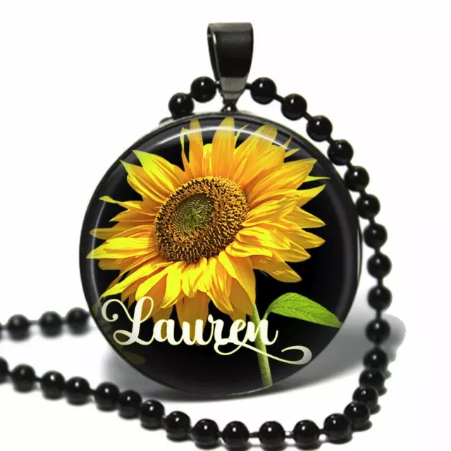 Personalized Name Sunflower Glass Top Pendant Necklace Custom Handcrafted Gift