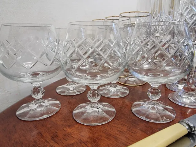 Set Of 6 Bohemia Crystal Diamond Cut Brandy Balloon Glasses, E.C.