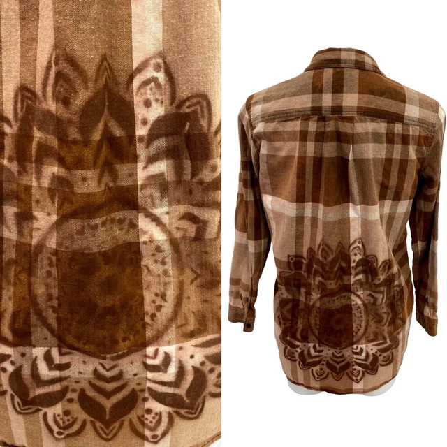 Eddie Bauer Womens Plaid Button Up Medium Upcycled Bleach Stencil Collar
