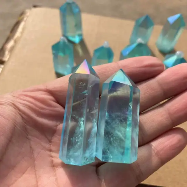 Blue Titanium Aura Lemurian Quartz Crystal Obelisk wand Point healing 2pcs/50g+