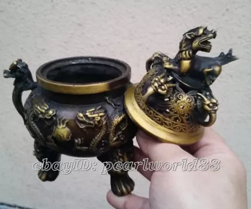 antique excellent old Bronze Signed lucky dragon Statue Incense Burners Censer 3