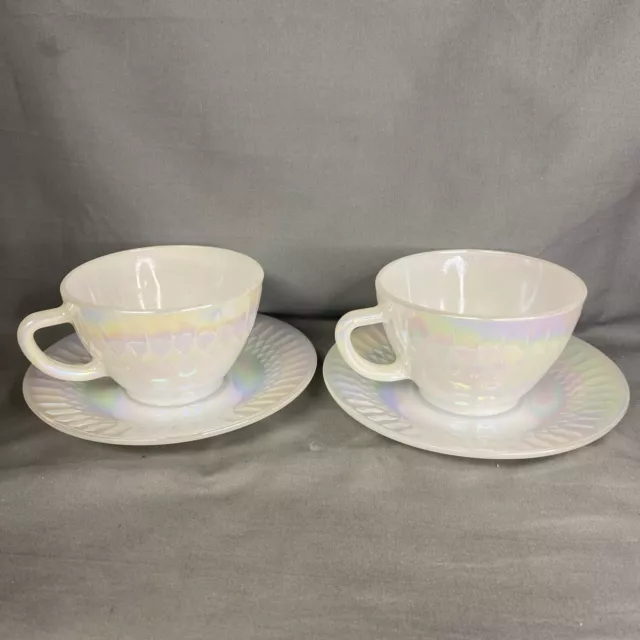 Vintage Federal Glass Moonglow Diamond Point Iridescent  Tea Cup Saucer 4pc Set