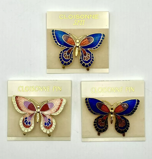 Vintage Cloisonne Enamel Gold Tone Butterfly Brooch Pin (Lot of 3) Blue Pink