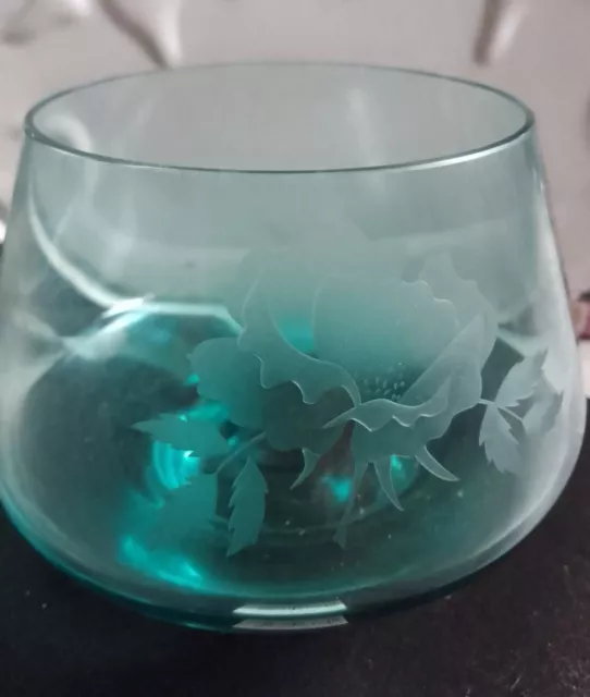 Beautiful Light Blue Bowl/Vase Etched Roses On Front Signed MN On Base