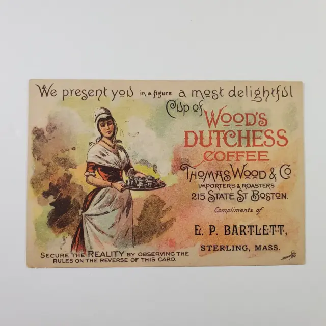 Late 1800's Trade Card Wood's Dutchess Coffee W Brewing Instructions NO Reserve