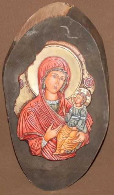 Relieve Hecho A Mano Madera Icono Ortodoxo Jesucristo Virgen María