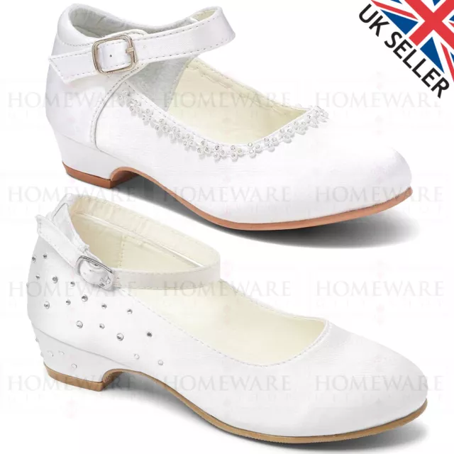 Girls Communion Shoes Wedding Satin White Mary Jane Low Heel Ankle Strap Uk