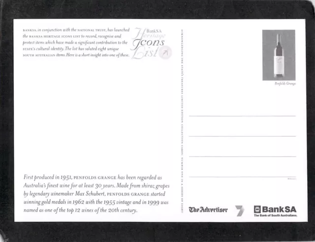 S0114 South Australia BankSA Sacred Artefacts Penfolds Grange Wine postcard 2