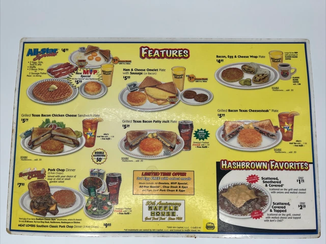 2005 Original Waffle House Laminated Menu Placemat 50th Anniversary 9
