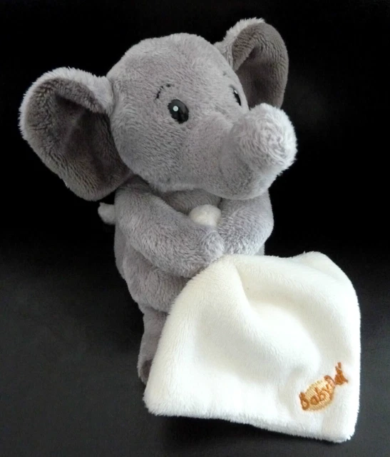*. DOUDOU PELUCHE BABY NAT babynat' ELEPHANT GRIS MOUCHOIR BLANC ECRU - TTBE