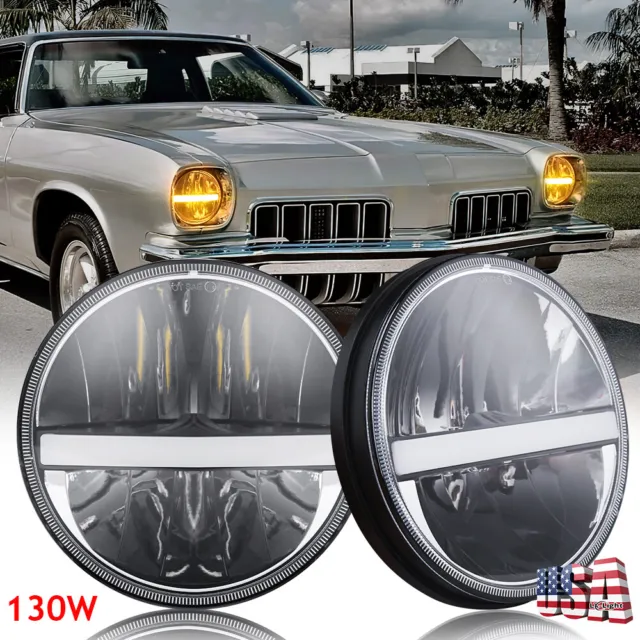 Black 2PC 7" Round LED Headlights w/ Turn Signal for Old-smobile Cutlass Supreme